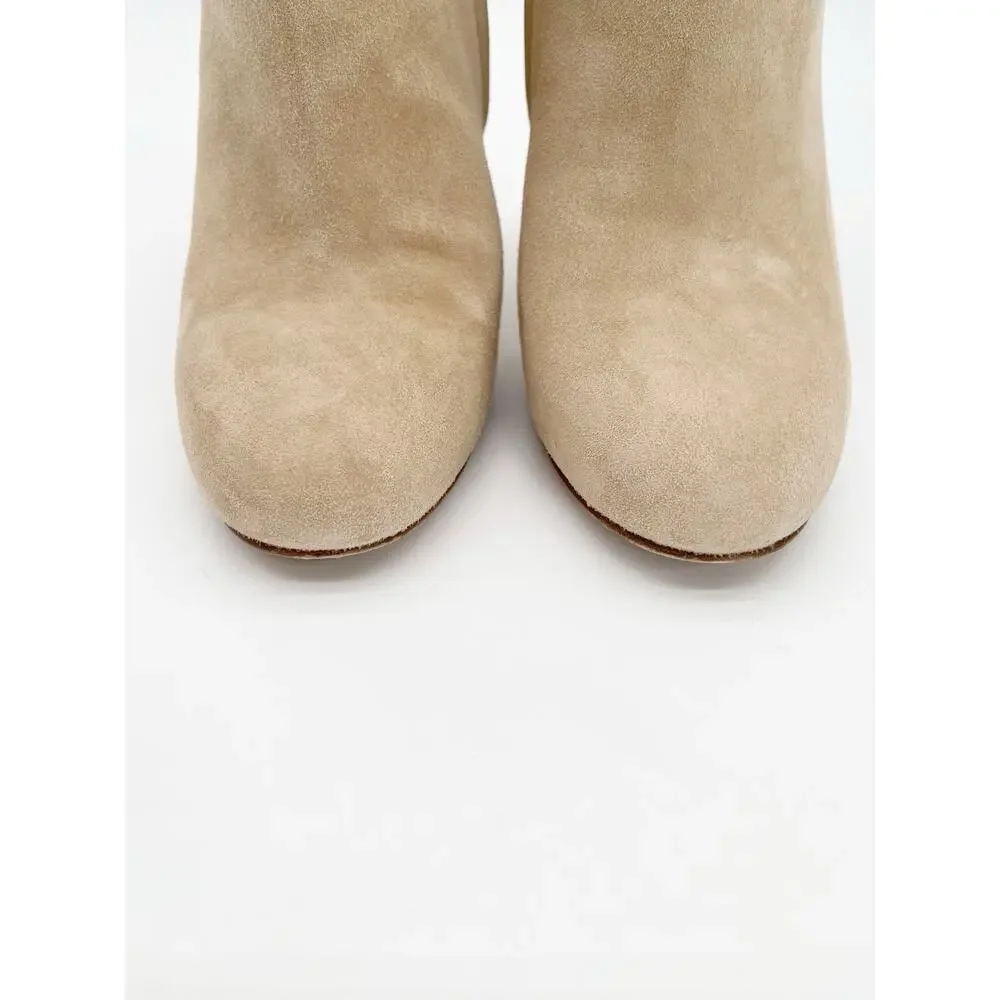Chanel Coco Tower Beige Suede Quilted Logo Heel Round Toe Ankle Boots EU 37
